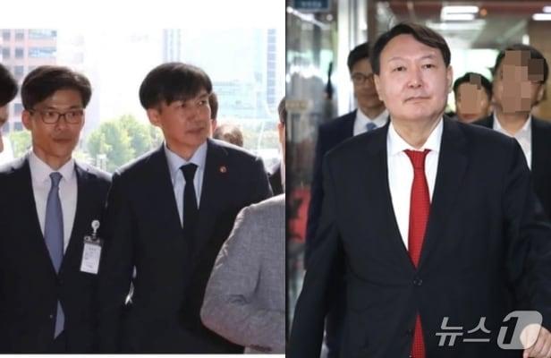 본문 이미지 - 2019년 9월 17일 조국 법무부 장관의 국회 방문,  2019년 8월 8일 윤석열 검찰총장이 신임인사차 국회를 찾았을 때 당시 박철우 국회 파견검사가 조 장관과 윤 총장 왼쪽에서 안내를 하고 있는 모습. ⓒ 뉴스1  DB