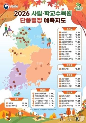 본문 이미지 - 사립 및 학교 수목원 단풍절정 예측 지도 (산림청 제공. 재판매 및 DB금지) /뉴스1