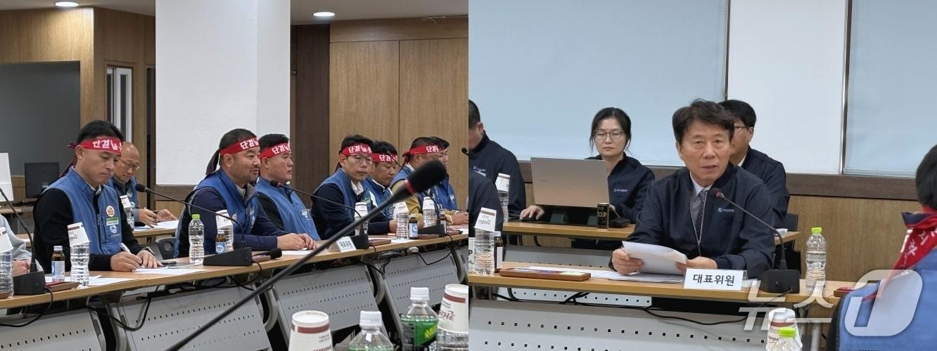 본문 이미지 - 22일 오후 부산 금정구 부산교통공사 노포차량사업소에서 열린 제19차 부산지하철 노사 단체교섭에서 노조 측 대표위원으로 참석한 오문제 부산지하철노조 위원장(왼쪽)과 사측 대표위원으로 참석한 김태호 부산교통공사 사장. 2026.10.22 ⓒ 뉴스1 박서현 기자