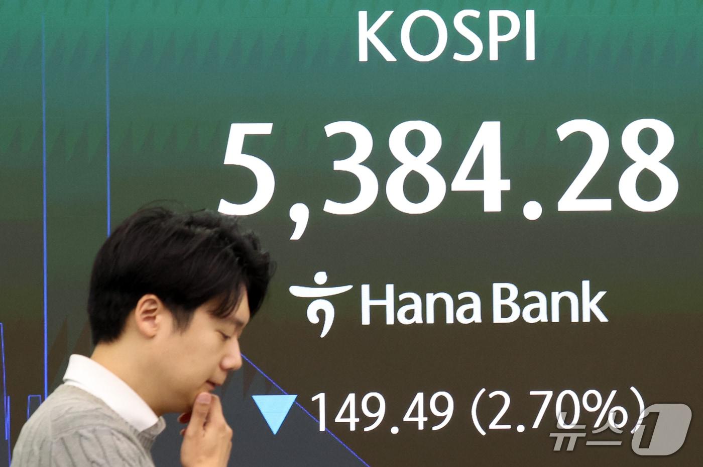 본문 이미지 - 23일 오전 서울 중구 하나은행 딜링룸 전광판에 장 초반 코스피 지수 등 시황이 표시되고 있다. 이날 코스피는 전장보다 130.60포인트(2.36%) 내린 5403.17, 코스닥은 15.78포인트(2.07%) 내린 748.32로 출발했다. 2026.10.23 ⓒ 뉴스1 김명섭 기자