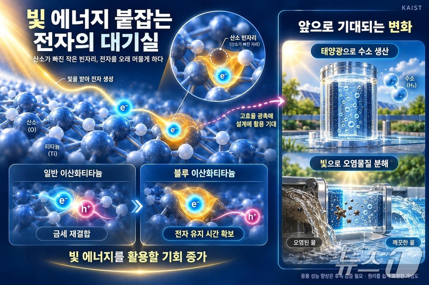 본문 이미지 - 이산화티타늄 속 '산소 결함'이 전자를 오래 유지하도록 돕는 원리(AI 생성·KAIST 제공) /뉴스1