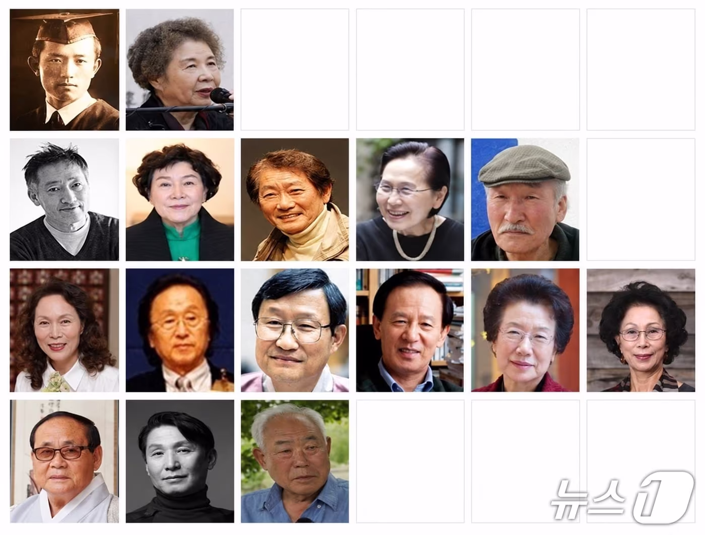 본문 이미지 - 금관 문화훈장에 1열 왼쪽부터 고(故) 윤동주 시인, 고(故) 김남조 시인, 은관 문화훈장에 2열 왼쪽부터 만화가 이현세, 시인 유안진, 배우 전무송, 배우 박정자, 미술작가 고(故) 정상화. 보관 문화훈장에 3열 왼쪽부터 한복디자이너 김혜순, 영상감독 박경삼, 시인 김광규, 소설가 김홍신, 피아니스트 서계숙, 무용가 김숙자. 옥관 문화훈장에 4열 왼쪽부터 시조 명인 고(故) 이영준, 무용가 고(故) 문병남, 석공예 명장 윤만걸 (문화체육관광부 제공. 재판매 및 DB 금지) 2026.10.26/뉴스1