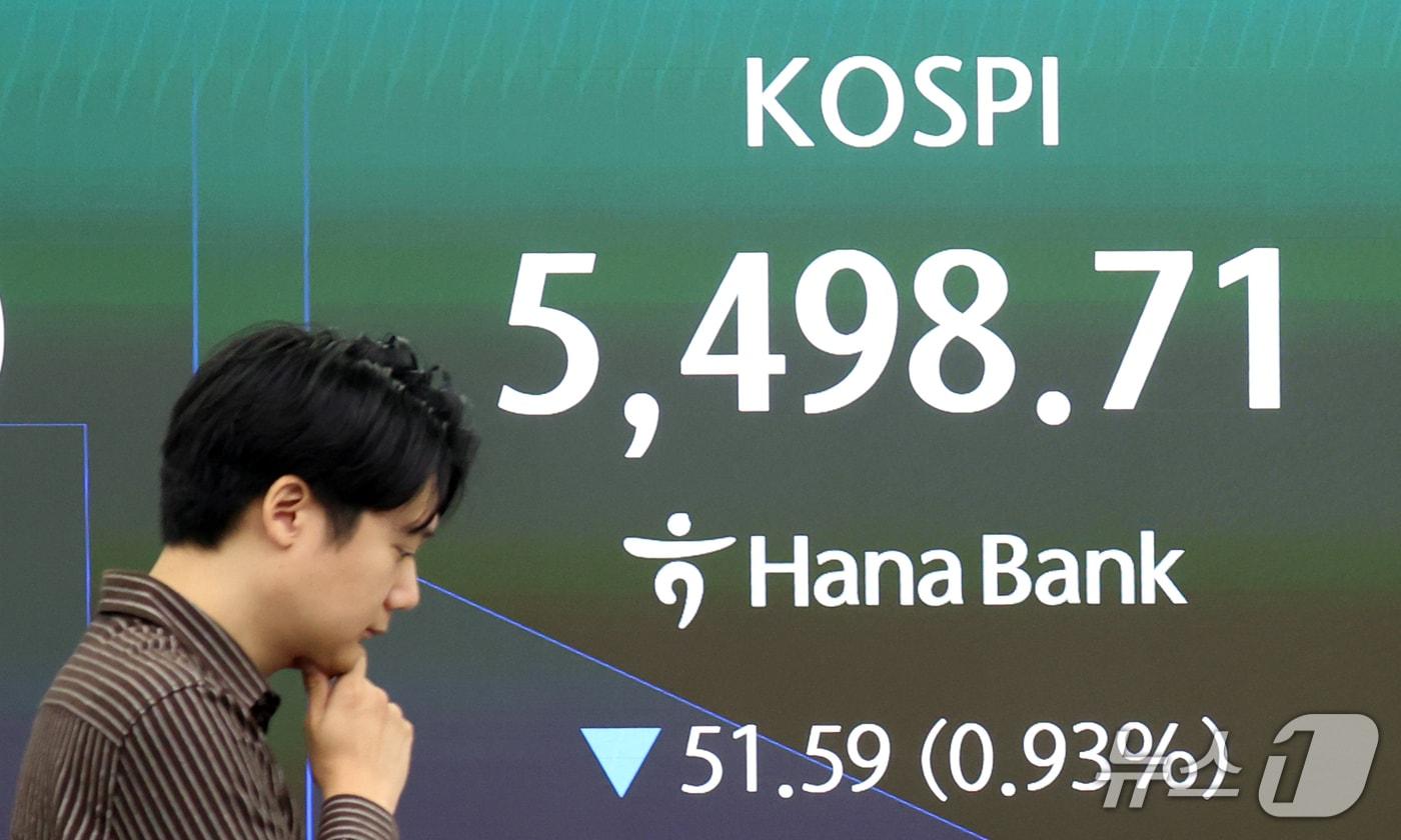 본문 이미지 - 26일 오전 서울 중구 하나은행 딜링룸 전광판에 장 초반 코스피 지수 등 시황이 표시되고 있다. 이날 코스피 지수는 전거래일 대비 51.25포인트(0.92%) 내린 5499.05, 코스닥은 지수는 9.52포인트(1.27%) 내린 742.17로 출발했다. 2026.10.26 ⓒ 뉴스1 김명섭 기자