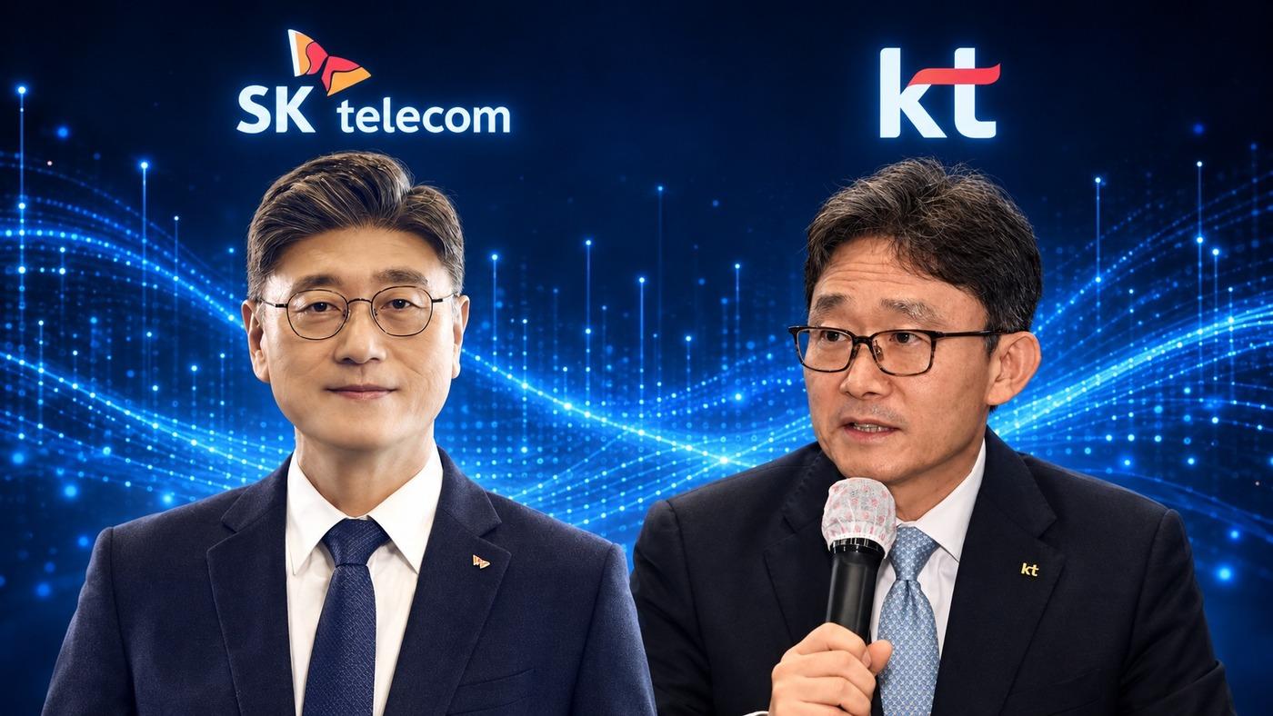 본문 이미지 - 왼쪽부터 정재헌 SKT 대표, 박윤영 KT 대표. 챗GPT로 생성한 이미지