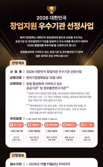 본문 이미지 - 2026 대한민국 창업지원 우수기관 선정 포스터(벤처기업협회 제공)