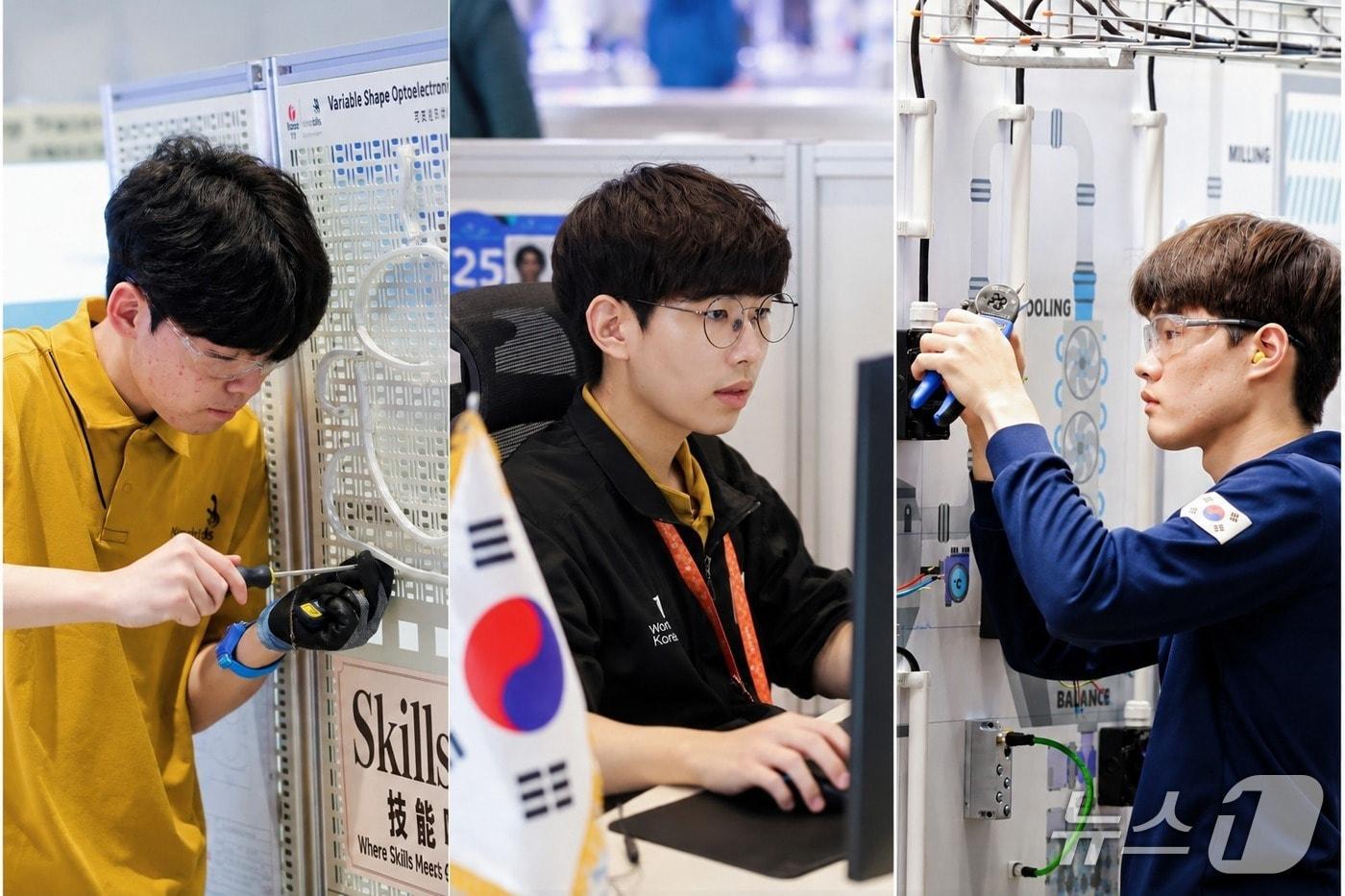 본문 이미지 - 삼성전기·삼성전자·삼성중공업 재직 중인 직업계고 출신 금메달리스트 3명. 사진 왼쪽부터 유예찬(동아마이스터고 졸업)·손현빈(여수정보과학고 졸업)·박지민(영남공업고 졸업) 선수./교육부 제공