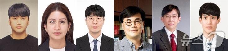 본문 이미지 - 왼쪽부터 고려대학교 세종캠퍼스 제어계측공학과 김다빈 석사과정, 한국과학기술원 신소재공학과 Suchithra Padmajan Sasikala 박사, 한밭대학교 기계공학과 하지환 교수, 한국과학기술원 기계공학과 박인규 교수, 신소재공학과 김상욱 교수, 고려대학교 세종캠퍼스 제어계측공학과 안준성 교수. (국립한밭대학교 제공. 재판매 및 DB금지) /뉴스1