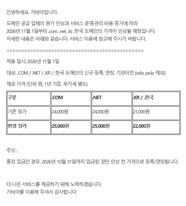 본문 이미지 - 가비아 도메인 가격 인상 안내(가비아 홈페이지 갈무리)