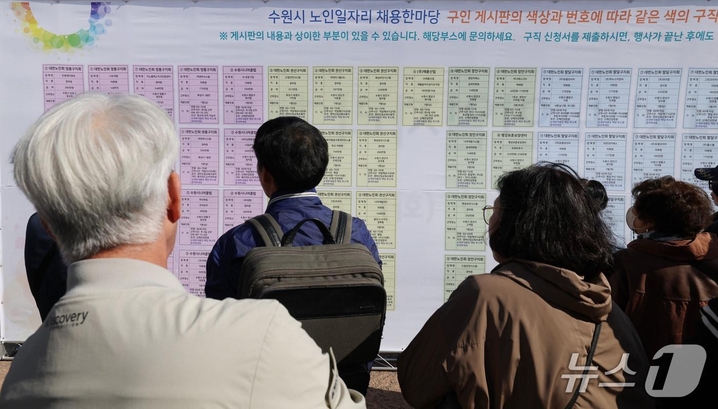 본문 이미지 - 27일 경기 수원시 팔달구 화성행궁 광장에서 열린 '2026년 제20회 노인일자리 채용한마당'에서 60세 이상 구직자들이 채용 정보를 살펴보고 있다. 2026.10.27 ⓒ 뉴스1 김영운 기자