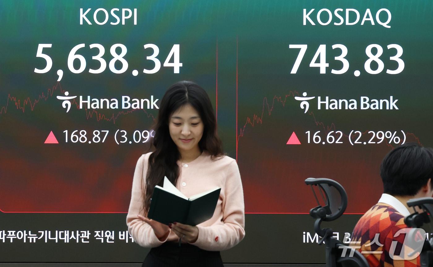 본문 이미지 - 코스피가 3%대 급등하며 5,600선을 회복한 26일 오후 서울 중구 하나은행 본점 딜링룸 전광판에 코스피 등 종가가 표시되고 있다. 2026.10.27 ⓒ 뉴스1 오대일 기자
