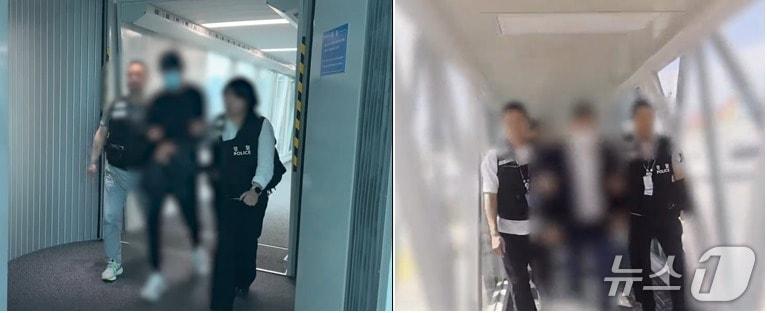 본문 이미지 - 총책 A씨(왼쪽)와 악성앱 제공자 B씨 호송 장면.(부산경찰청 제공. 재판매 및 DB 금지)