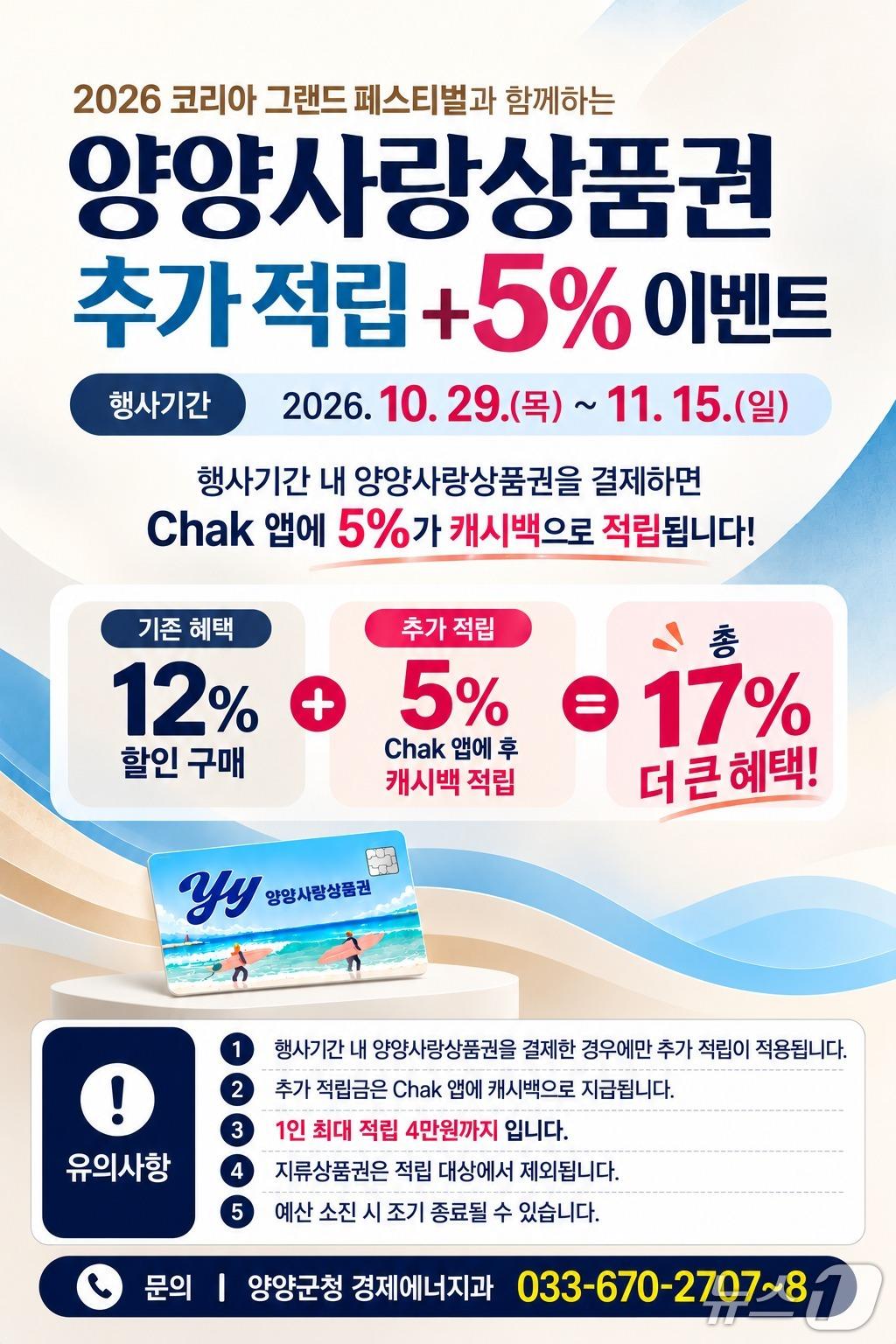 본문 이미지 - 양양사랑상품권 추가 적립 이벤트 홍보물.(양양군 제공. 재판매 및 DB 금지) 2026.10.28/뉴스1