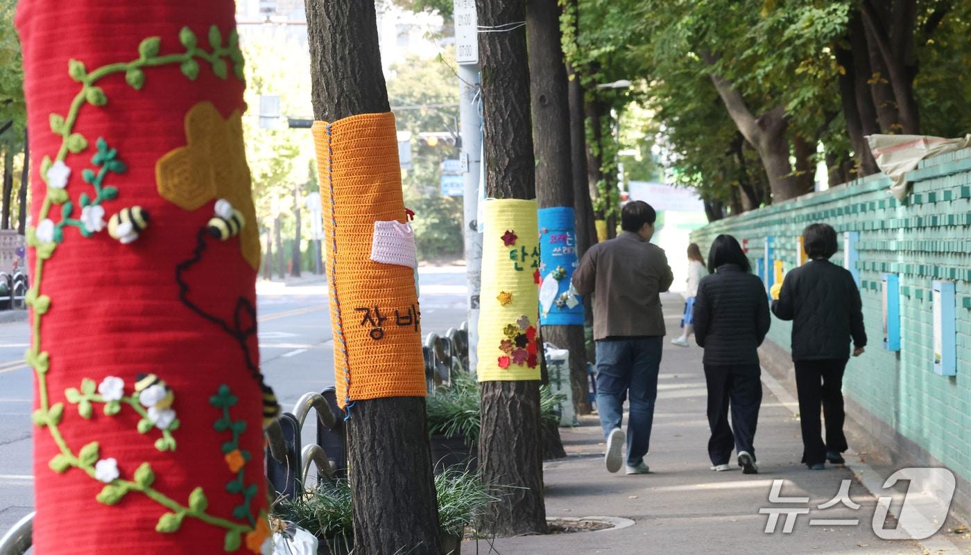본문 이미지 - 아침 기온이 크게 떨어져 쌀쌀한 날씨를 보인 28일 경기 광명시 하안동 하담길 가로수에 뜨개옷이 입혀져 있다. ⓒ 뉴스1 김영운 기자