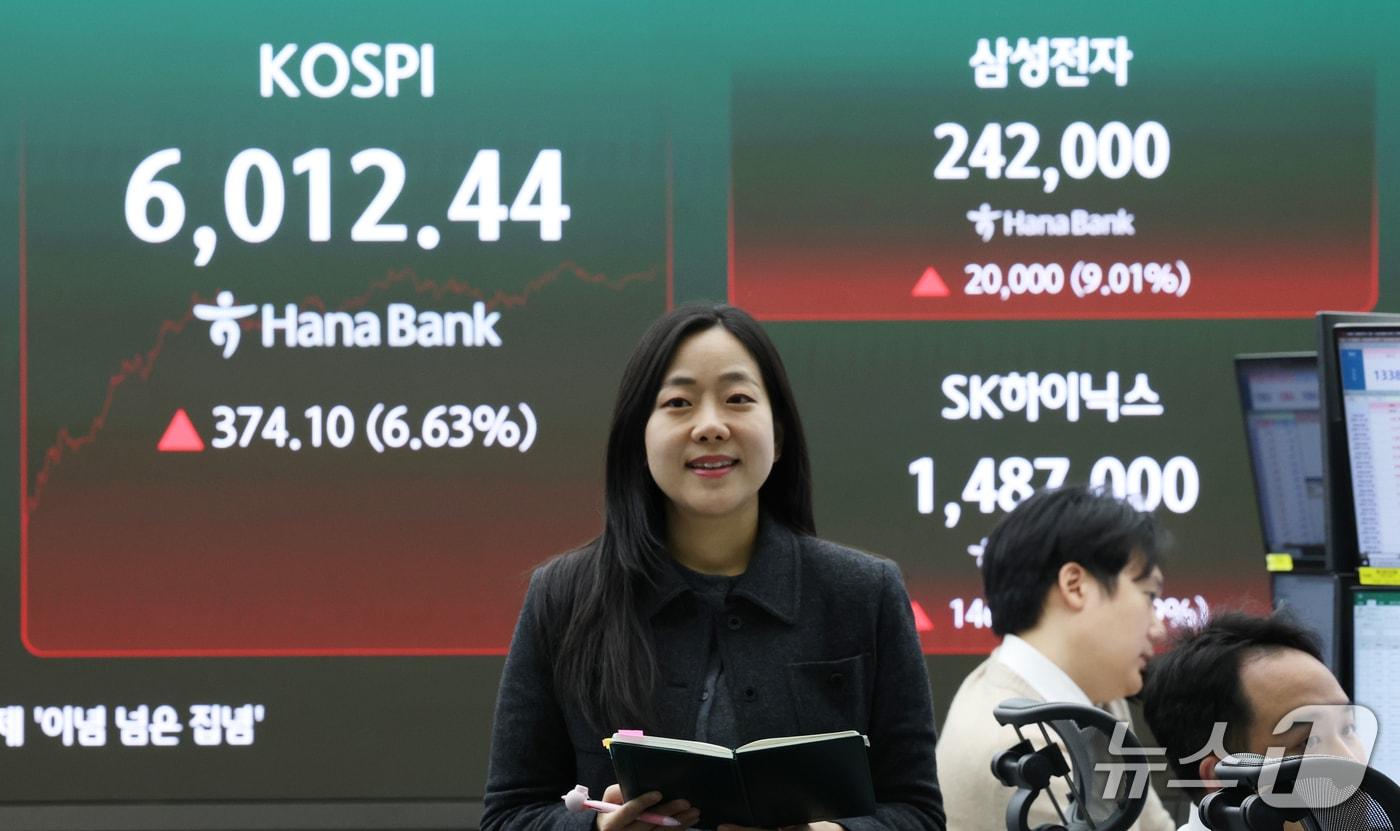 본문 이미지 - 코스피가 6%대 급등하며 6,000선 탈환에 성공한 28일 오후 서울 중구 하나은행 본점 딜링룸 전광판에 코스피 등 종가가 표시되고 있다.  2026.10.28 ⓒ 뉴스1 오대일 기자
