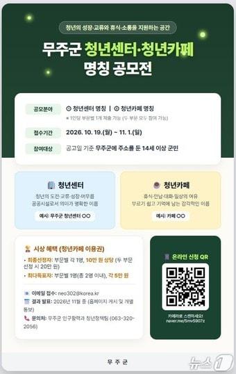 본문 이미지 - 전북 무주군이 11월 1일까지 '청년센터'와 '청년카페' 명칭 공모를 진행한다.(무주군 제공. 재판매 및 DB 금지)