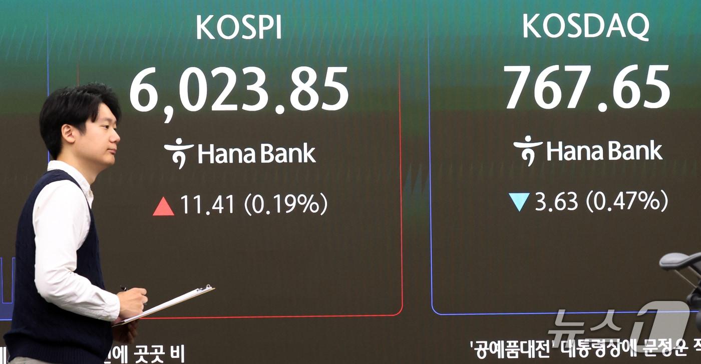 본문 이미지 - 30일 오전 서울 중구 하나은행 딜링룸 전광판에 장 초반 코스피 지수 등 시황이 표시되고 있다. ⓒ 뉴스1 김명섭 기자