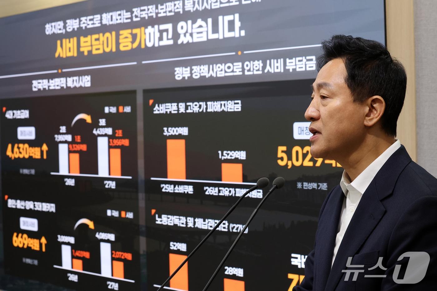 본문 이미지 - 오세훈 서울시장이 29일 서울 중구 서울시청 브리핑룸에서 2027년 서울시 예산안을 발표하고 있다. 2026.10.29 ⓒ 뉴스1 김성진 기자