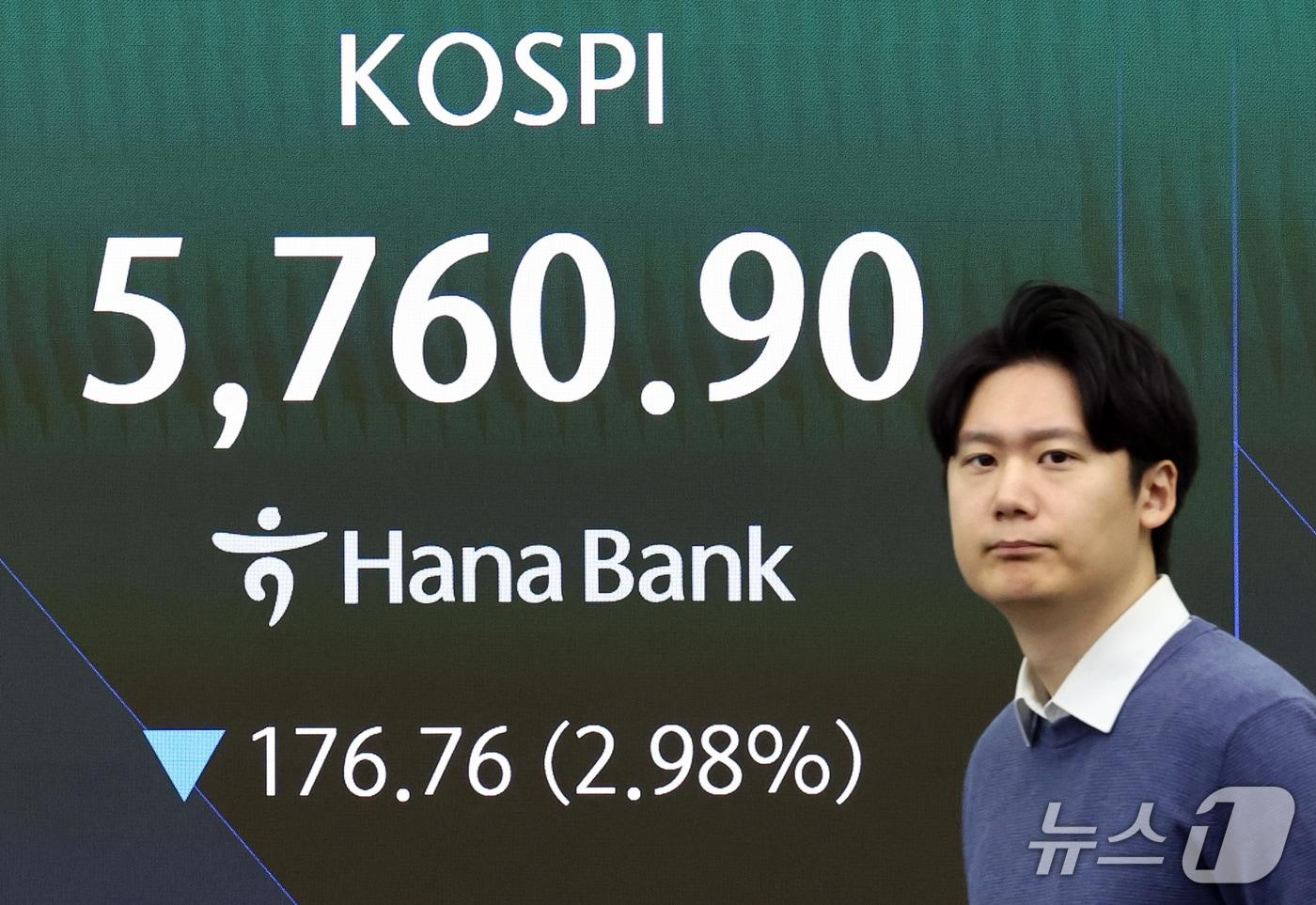본문 이미지 - 30일 오전 서울 중구 하나은행 딜링룸 전광판에 증시 시황이 표시되고 있다. 이날 코스피는 전장보다 177.31포인트(2.99%) 내린 5760.53에 개장했다. 코스닥은 전 장과 비교해 16.51포인트(2.19%) 하락한 736.72에 장을 열었다. 2026.10.30 ⓒ 뉴스1 최지환 기자
