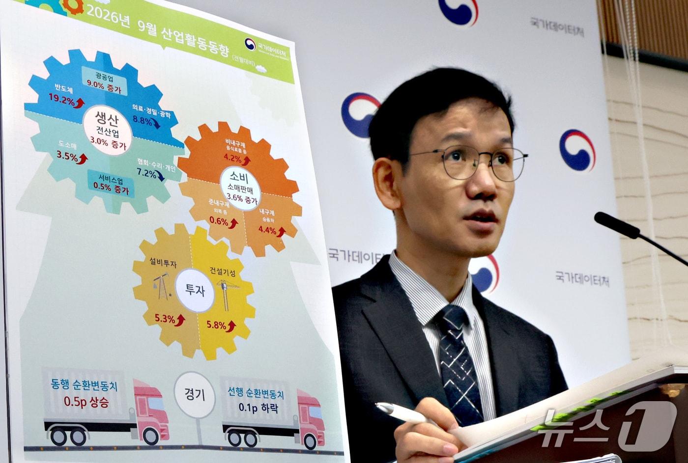 본문 이미지 - 이두원 국가데이터처 경제동향통계심의관이 30일 세종시 정부세종청사에서 2026년 9월 및 3분기 산업활동동향을 발표하고 있다. 2026.10.30 ⓒ 뉴스1 김기남 기자