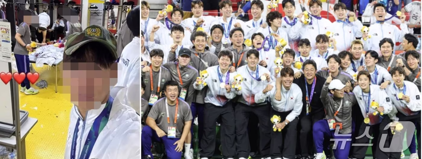 본문 이미지 - 지난 3일 일본 아이치현 도요타 스타디움에서 열린 2026 아이치·나고야 아시안게임 축구 결승전에서 일본을 누르고 우승한 축구대표팀이 금메달을 목에 걸고 기념촬영을 하고 있다. 왼쪽은 라커룸에서 전역모를 쓰고 세리머니를 하고 있는 대표팀 막내 박승수. (SNS 갈무리. 재판매 및 DB 금지) 2026.10.3 ⓒ 뉴스1 김도우 기자 
