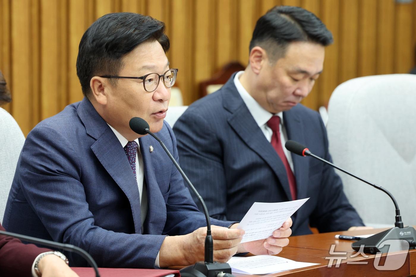 본문 이미지 - 정점식 국민의힘 원내대표가 6일 오전 서울 여의도 국회에서 열린 국정감사대책회의에서 발언을 하고 있다. 2026.10.6 ⓒ 뉴스1 황기선 기자