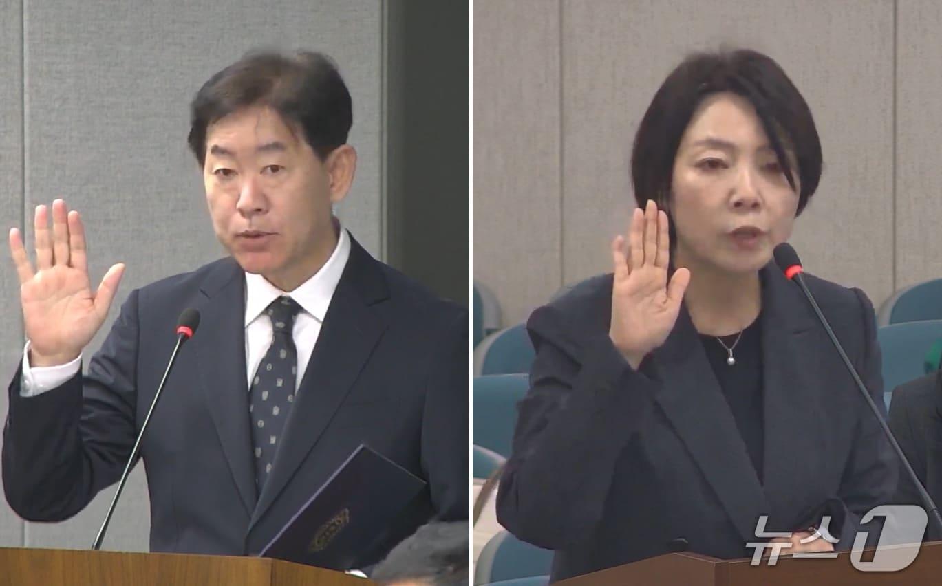본문 이미지 - 6일 전남광주통합특별시의회에서 열린 전남광주통합특별시 부시장 후보자 인사청문회에서 백승주 균형발전부시장 후보자(왼쪽)와 윤난실 시민주권부시장 후보자가 선서를 하고 있다.(유튜브 캡쳐. 재배포 및 DB 금지) 2026.10.6 ⓒ 뉴스1