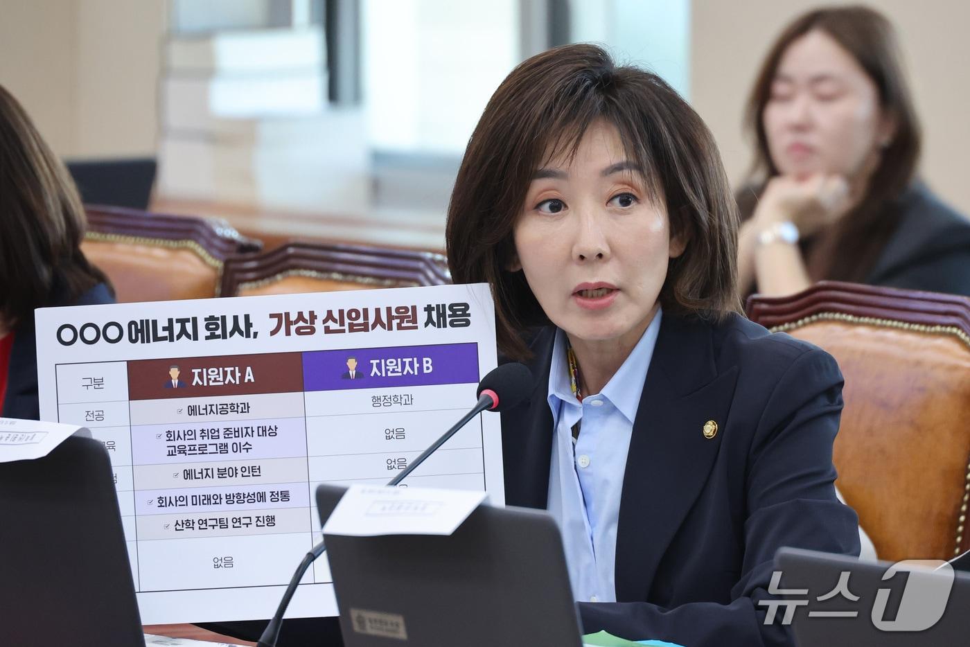 본문 이미지 - 나경원 국민의힘 의원이 지난 6일 서울 여의도 국회에서 열린 기후에너지환경노동위원회의 기후에너지환경부에 대한 국정감사에서 질의하고 있다. 2026.10.6 ⓒ 뉴스1 신웅수 기자