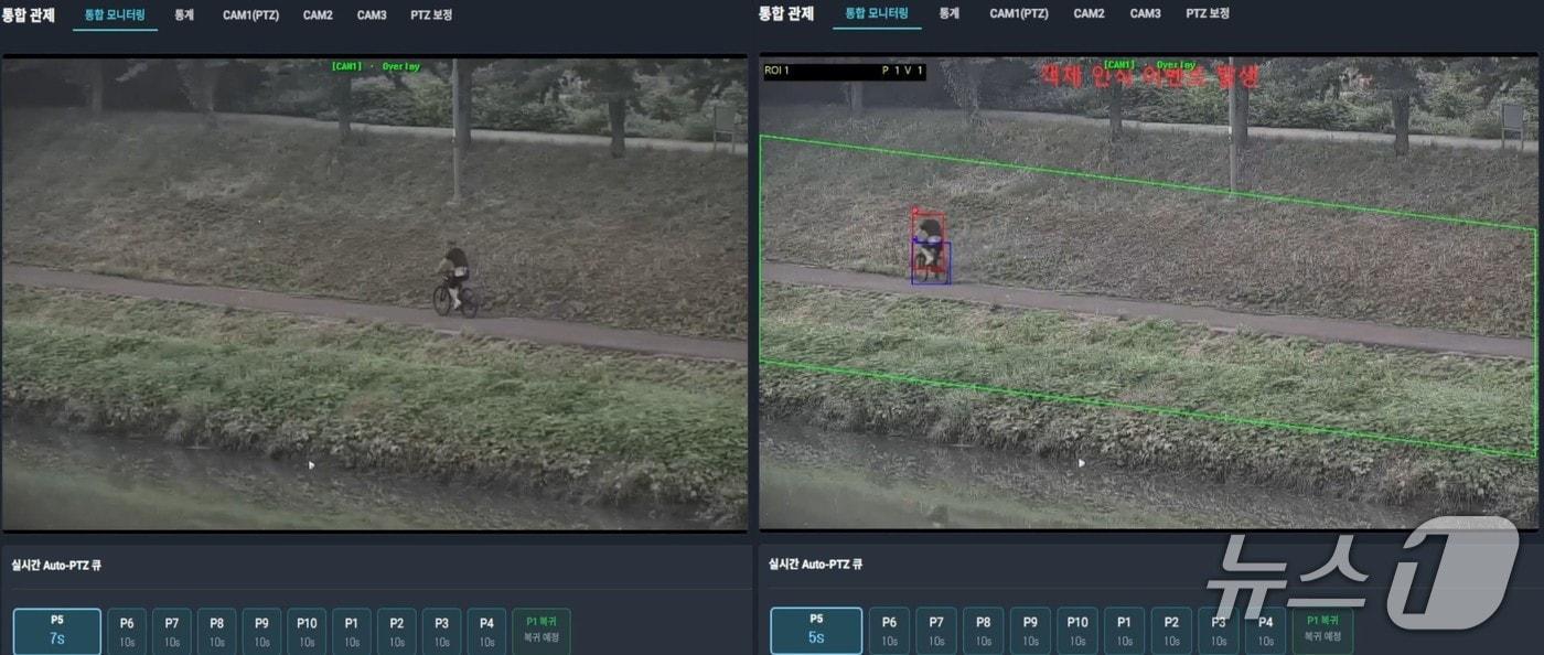 본문 이미지 - 한강청이 인천시 굴포천에 설치한 AI CCTV가 이동하는 객체(왼쪽)를 인식하고, 자전거를 타는 시민(오른쪽)으로 분석하고 있다.(한강청 제공)