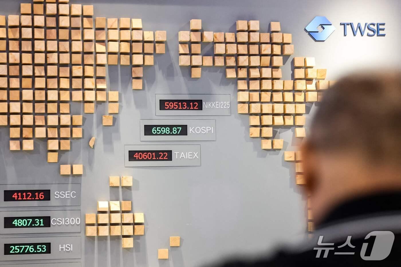 본문 이미지 - 2026년 5월 4일 대만 타이베이의 대만증권거래소에서 가권지수(TAIEX)와 주요 시장 지수가 표시되고 있다. ⓒ AFP=뉴스1
