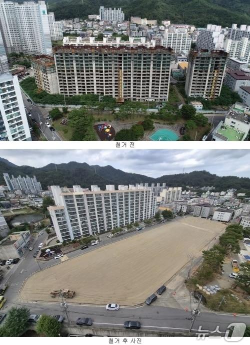 본문 이미지 - 칠곡 '북삼 JK 아파트' 철거 전후 비교 사진(칠곡군 제공. 재판매 및 DB 금지)