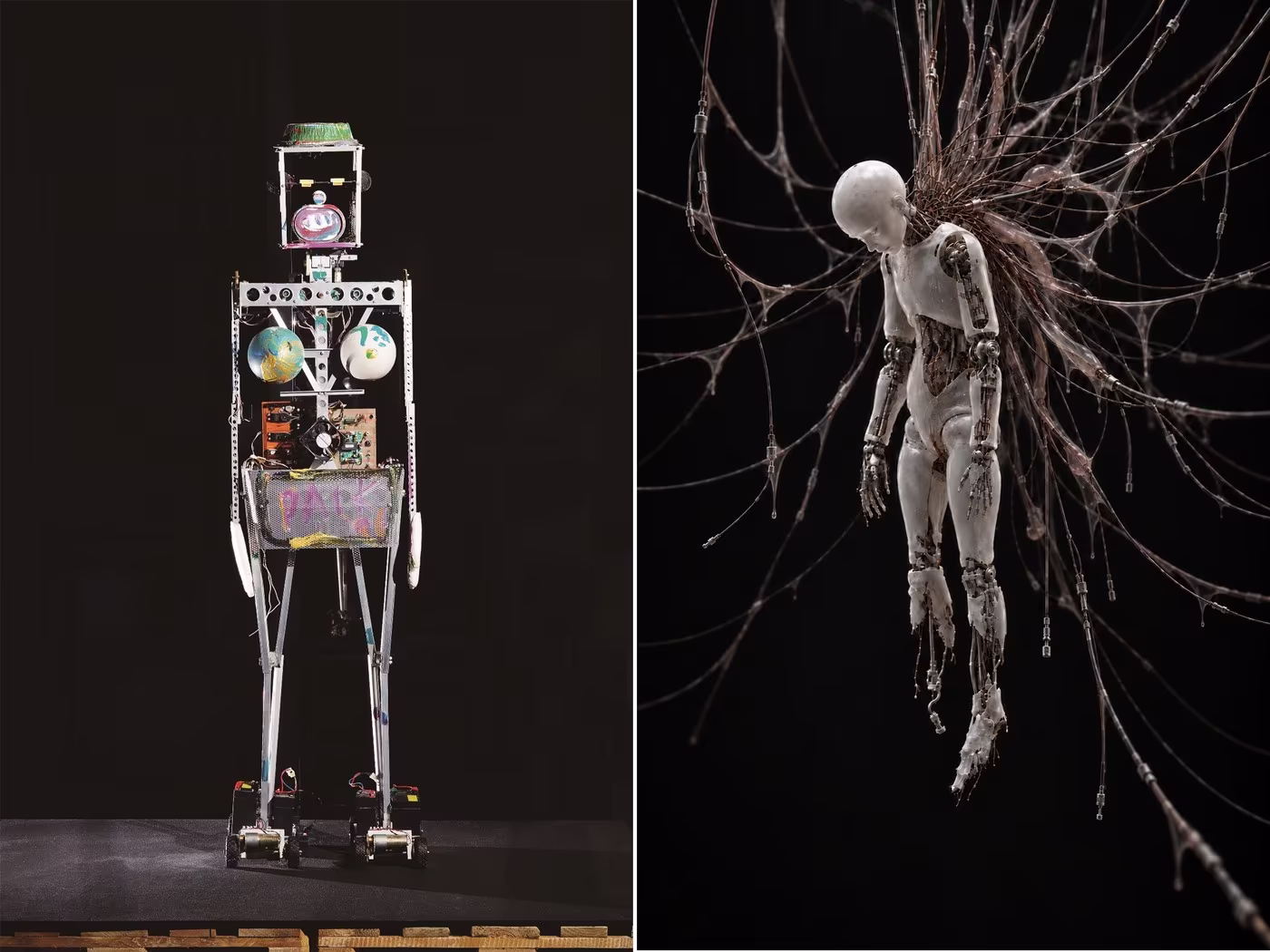 본문 이미지 - 백남준, 로봇 K-456(Robot K-456), 1964(1996), PCB, 서보모터, 센서, 스피커, 앰프, 배터리, 원격 조종기, 알루미늄 구조물 등, 170&times;42&times;34cm, 백남준아트센터 소장(좌) / 노진아, 인터랙티브 로보틱스, 음성 인식, AI 대화 시스템, 실리콘, 기계 구조물, 전선, 가변 설치 ACC 커미션(우) (국립아시아문화전당 제공)