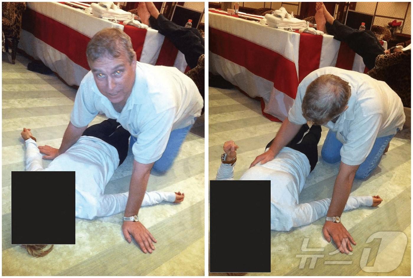 본문 이미지 - 30일(현지시간) 미국 워싱턴DC에서 미 법무부가 공개한 제프리 엡스타인 관련 수사 자료에서 영국 앤드루 왕자가 한 여성 위에 무릎을 꿇은 채 있는 모습이 담겼다. 2026. 01. 30. ⓒ 로이터=뉴스1 ⓒ News1 양은하 기자