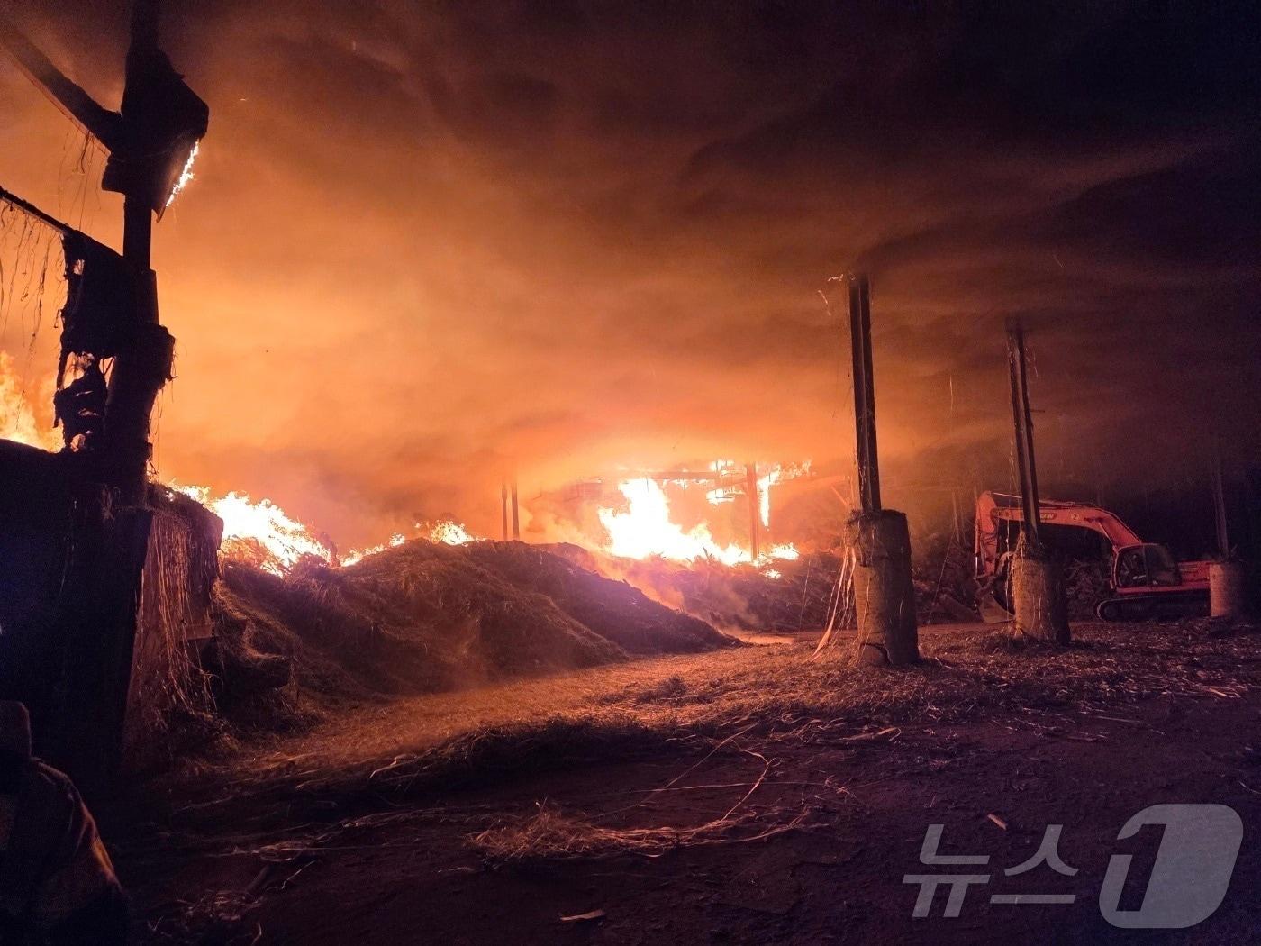 본문 이미지 - 10일 오전 5시 11분께 포천시 신북면의 폐목재 공장에서 화재가 발생해 소방당국이 화재진압을 하고 있다. (경기북부소방재난본부 제공, 재판매 및 DB금지)2026.2.10 ⓒ 뉴스1 이상휼 기자