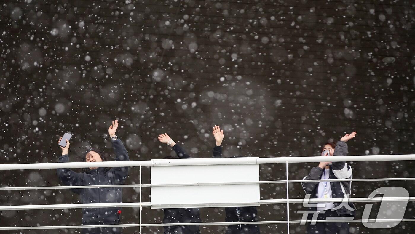 본문 이미지 - 부산지역에 눈이 내린 10일 부산 동구 부산항여객터미널에서 시민들이 눈을 감상하고 있다. 2026.2.10 ⓒ 뉴스1 윤일지 기자