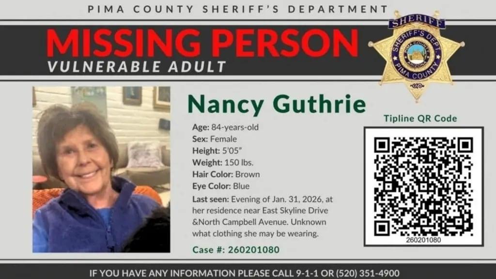 본문 이미지 - 지난달 31일(현지시간) 미 NBC '투데이' 쇼의 간판 앵커 사바나 거스리(54)의 어머니 낸시 거스리(84)가 애리조나주 투손의 자택에서 실종되면서 당국이 수사 중이다. 당국은 낸시가 납치된 것으로 판단하고 있다. /피마 카운티