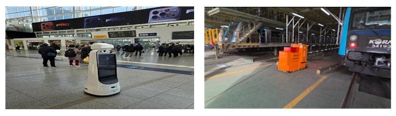 본문 이미지 - 서울역 혼잡관리 로봇과 시흥철도차량정비단 자재운반 로봇 모습.(한국철도공사 제공)뉴스1ⓒ news1