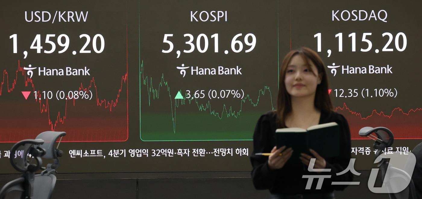 본문 이미지 - 코스피가 소폭 상승한 10일 오후 서울 중구 하나은행 본점 딜링룸 전광판에 종가가 표시되고 있다. 2026.2.10 ⓒ 뉴스1 오대일 기자