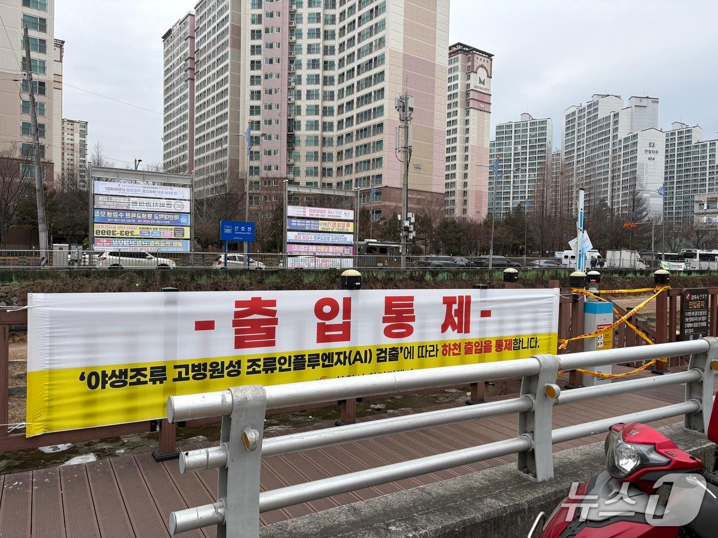 본문 이미지 - 경남 창원시 마산회원구 양덕천 난간에 고병원성 조류인플루엔자(AI) 검출에 따른 출입통제 안내 현수막이 설치돼있다.(창원시 제공. 재판매 및 DB금지)