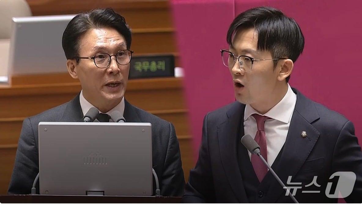 본문 이미지 -  박충권 국민의힘 의원(오른쪽)이 지난 9일 김민석 국무총리를 상대로 한 대정부 질문 도중 우리 군이 할 수 있는 건 "김정은 심기보좌 밖에 없다"고 발언, 김 총리가 "군에 대한 모독을 당장 취소하라"며 격하게 반응했다. (MBC 갈무리) ⓒ 뉴스1