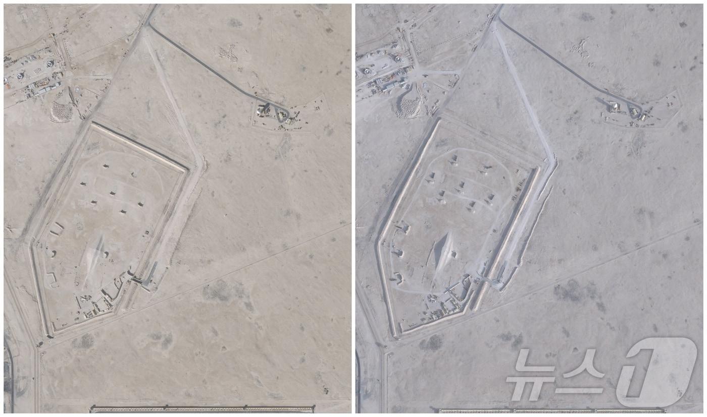 본문 이미지 - 지난달 17일(왼쪽)과 지난 1일 카타르 알우데이드 공군기지의 패트리어트 방공 미사일 배치 상태를 비교하는 플래닛랩스 위성사진 ⓒ 로이터=뉴스1