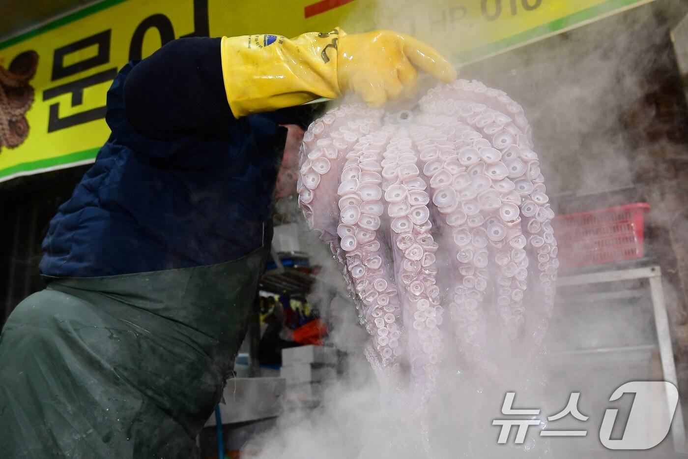 본문 이미지 - 설을 엿새 앞둔 11일 경북 포항시 죽도어시장 문어골목에서 한 상인이 차례상에 올릴 문어를 삶고 있다. 5kg짜리 문어는 40만원 선에 판매되고 있다. 2026.2.11 ⓒ 뉴스1 최창호 기자