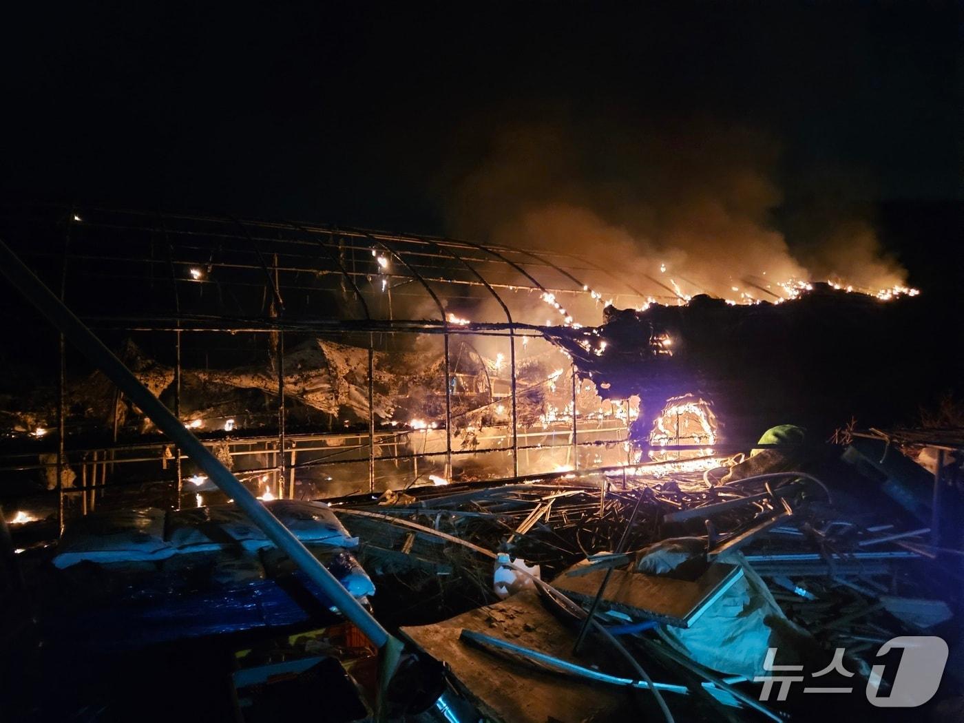 본문 이미지 - 10일 기장군 철마면 이곡리의 한 비닐하우스에서 화재가 발생했다.(부산소방재난본부 제공. 재판매 및 DB 금지)