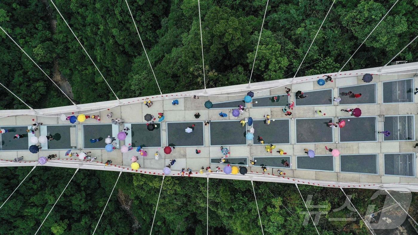 본문 이미지 - 관광객들이 장자제(장가계) 대협곡 유리다리를 걷고 있다. 2021.6.20 ⓒ AFP=뉴스1