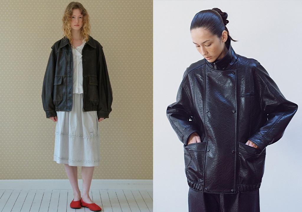 본문 이미지 - 튜드먼트 '워시드 봄버 레더 재킷'(왼쪽)과 반로에 '더블 스냅 버튼 페이크 레더 재킷'(29CM 제공)