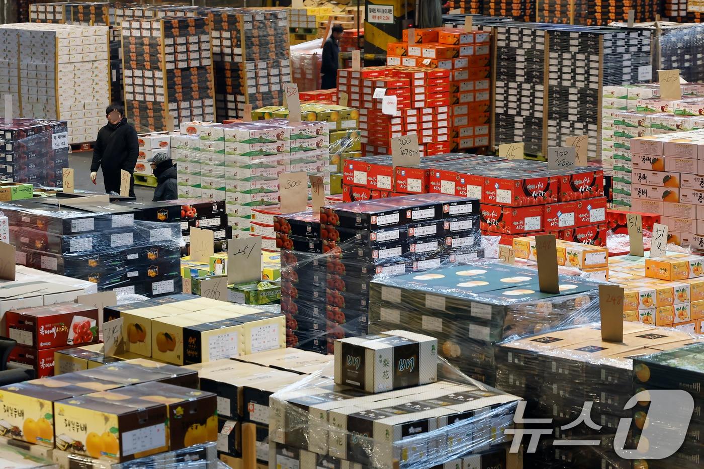 본문 이미지 - 설 명절을 앞둔 11일 오후 서울시 송파구 가락동 가락농수산물종합도매시장 내 농협가락공판장 경매장에서 직원들이 전국에서 올라온 과일을 점검하고 옮기는 등 분주히 움직이고 있다. 2026.2.11 ⓒ 뉴스1 박정호 기자