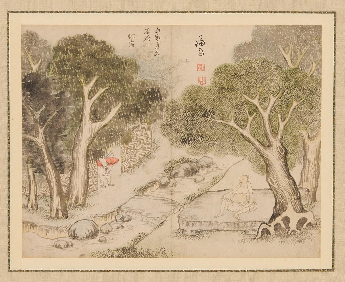 본문 이미지 - Lot. 040 그림_겸재 정선, 글씨_연객 허필, <여산초당도 廬山草堂圖>, 액자, 종이에 수묵담채, 21.7&times;27.8㎝, 추정가 1억~2억 원 (마이아트옥션 제공)