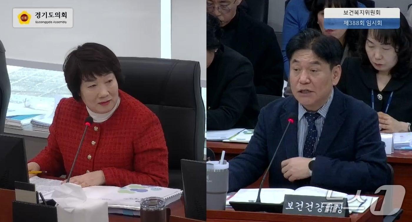 본문 이미지 - 11일 경기도의회 보건복지위원회 지미연 의원(국민의힘·용인6)이 업무보고에서 유영철 경기도 보건건강국장을 상대로 질의를 하고 있다.(경기도의회 생중계 캡처)/