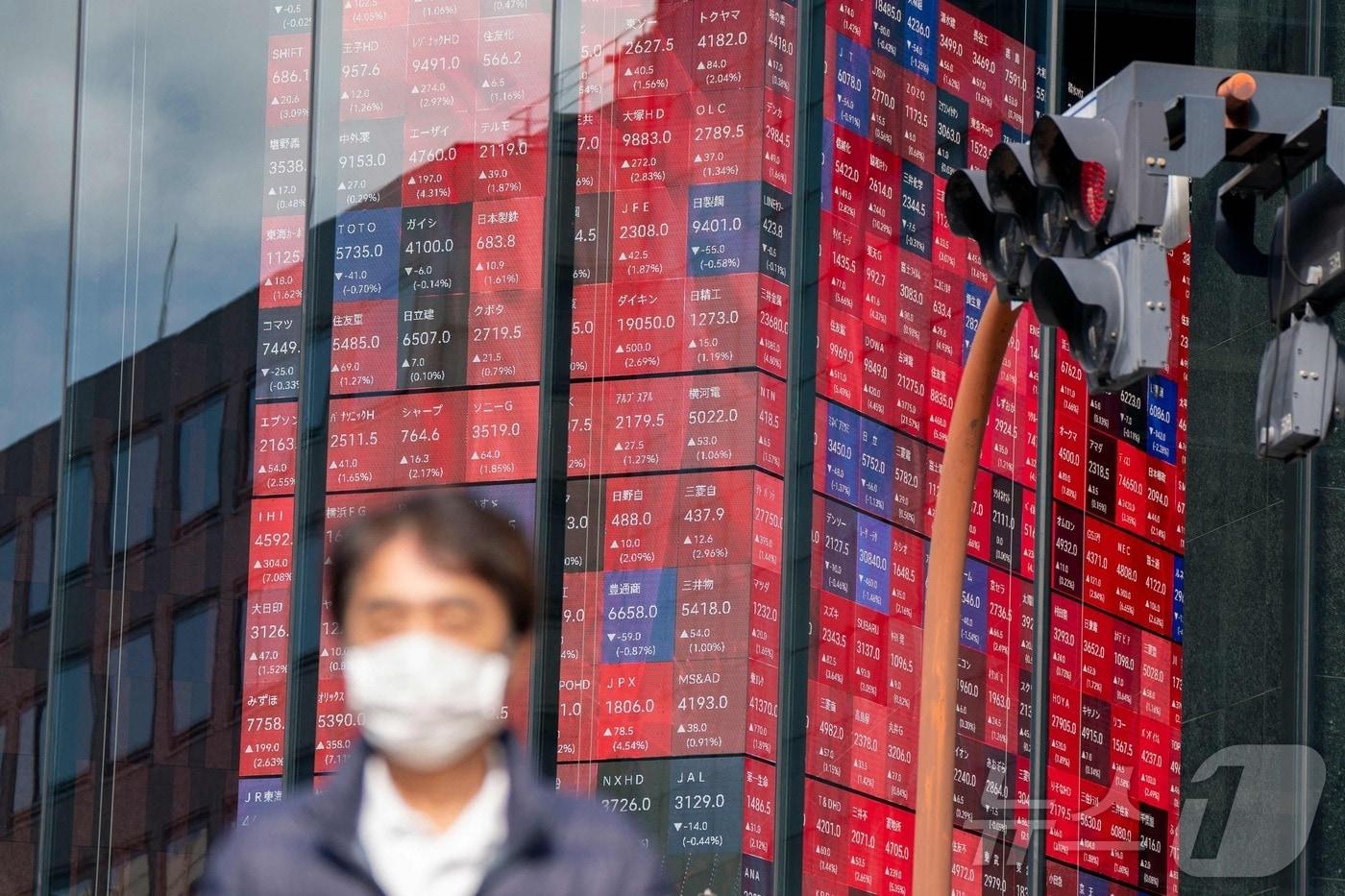 본문 이미지 - 일본 도쿄 증권거래소 인근에서 한 시민이 닛케이 225 지수가 표시된 전광판 앞을 지나가고 있다. 2026.2.10 ⓒ AFP=뉴스1