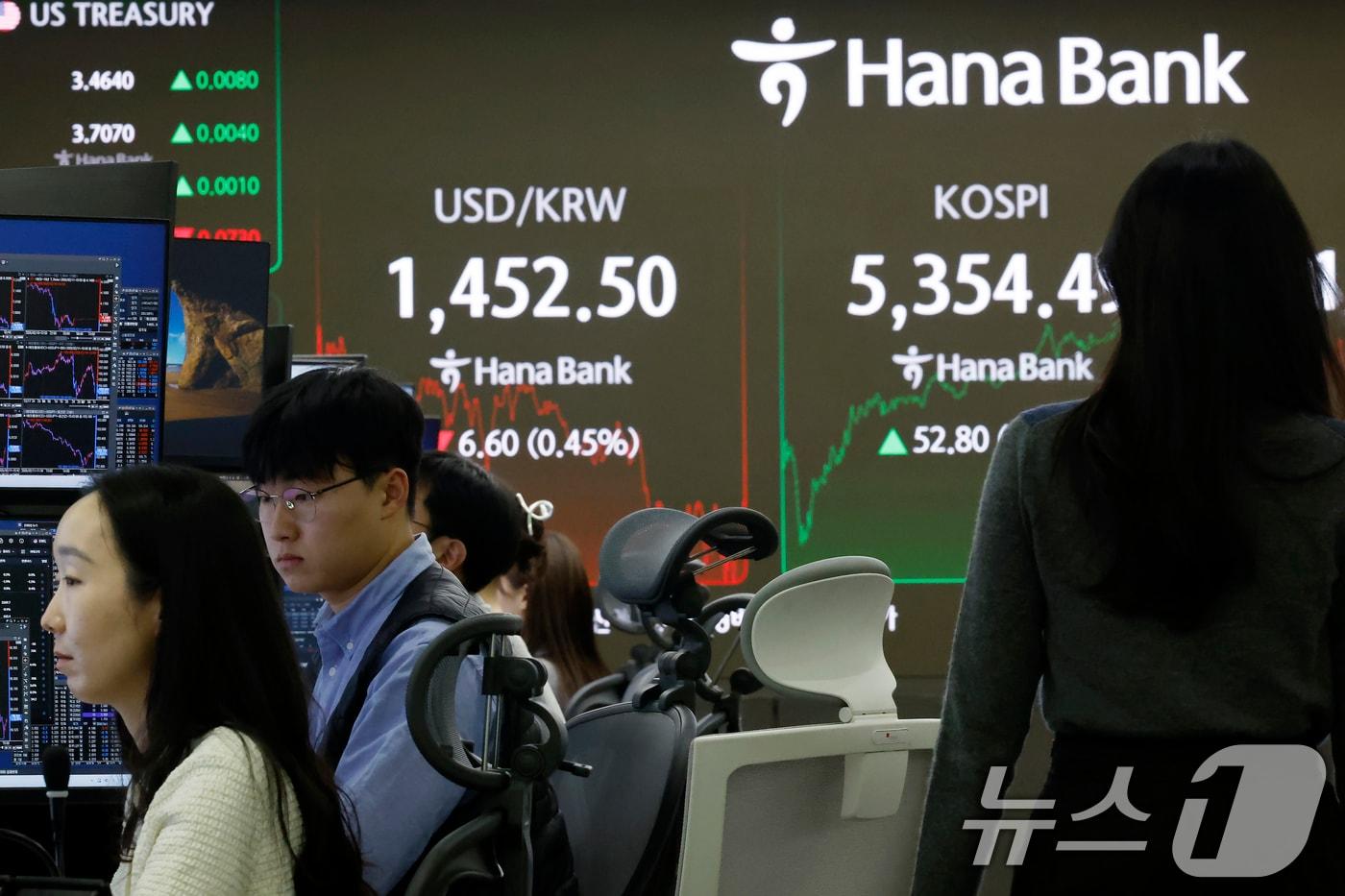 본문 이미지 - 11일 오후 서울 중구 하나은행 본점 딜링룸 전광판에 증시 종가가 표시되고 있다. 이날 코스피는 전 거래일 대비 52.80포인트(1.00%) 오른 5354.49, 코스닥은 0.33포인트(0.03%) 내린 1114.87로 장을 마쳤다. 오후 3시 30분 서울외환시장에서 달러·원 환율은 전일 오후 3시 30분 주간종가 대비 9원 내린 1450.1원을 기록했다. 2026.2.11 ⓒ 뉴스1 박정호 기자