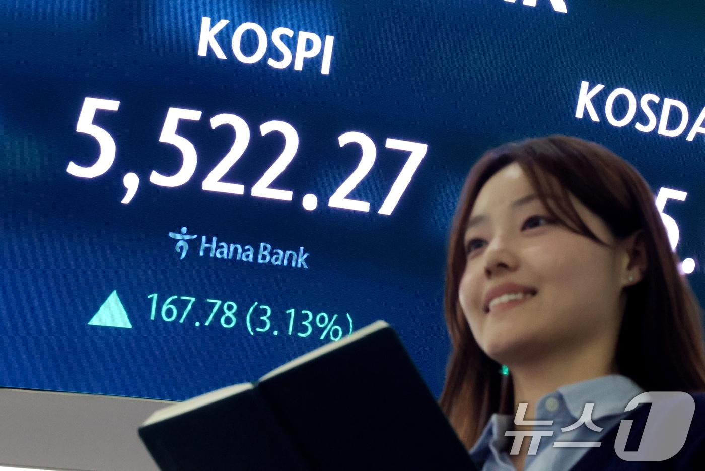 본문 이미지 - 코스피가 사상 처음으로 5,500포인트를 돌파 마감한 12일 서울 중구 하나은행 딜링룸 전광판에 종가가 표시되고 있다. 이날 코스피는 전 거래일 대비 167.78p(3.13%) 상승한 5,522.27에 마감했다. 2026.2.12 ⓒ 뉴스1 이호윤 기자